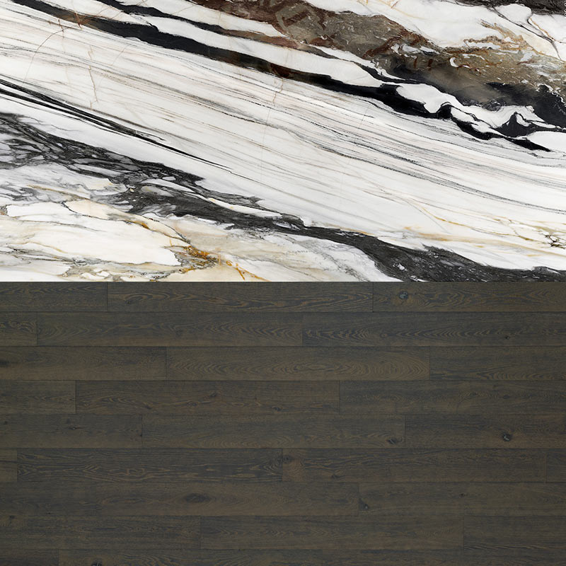 Engineered European oak flooring deep brown espresso tone paired with bold veining porcelain tile slab living space