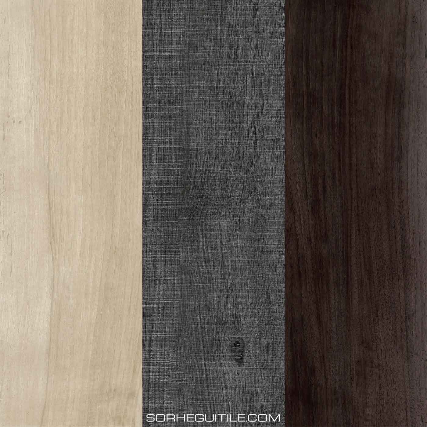 Example swatches of wood porcelain tile available at Ruben Sorhegui Tile Distributors