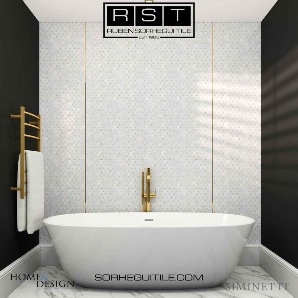 Large bath tub with Siminetti Mother of Pearl Luxury Pearl Mosaics accent wall from Ruben Sorhegui Tile Distributors
