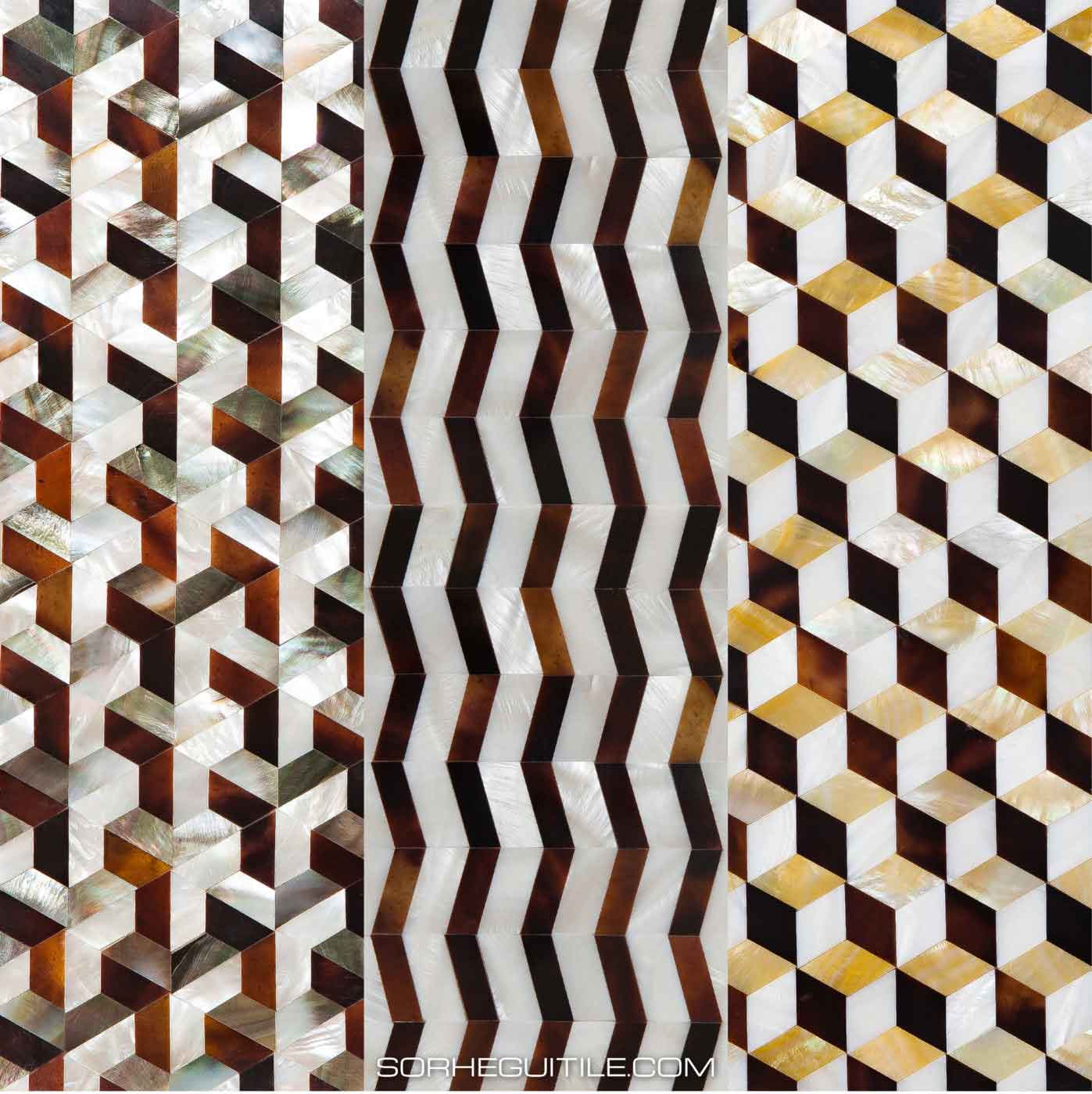 Samples of available Siminetti Mother of Pearl Luxury Pearl Mosaics available at Ruben Sorhegui Tile Distributors in Southwest Florida