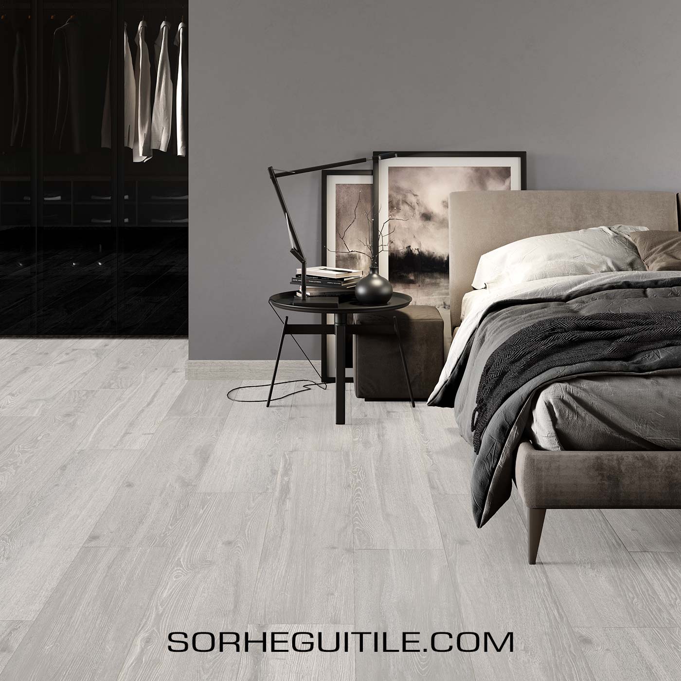 A bedroom with white wood look flooring.